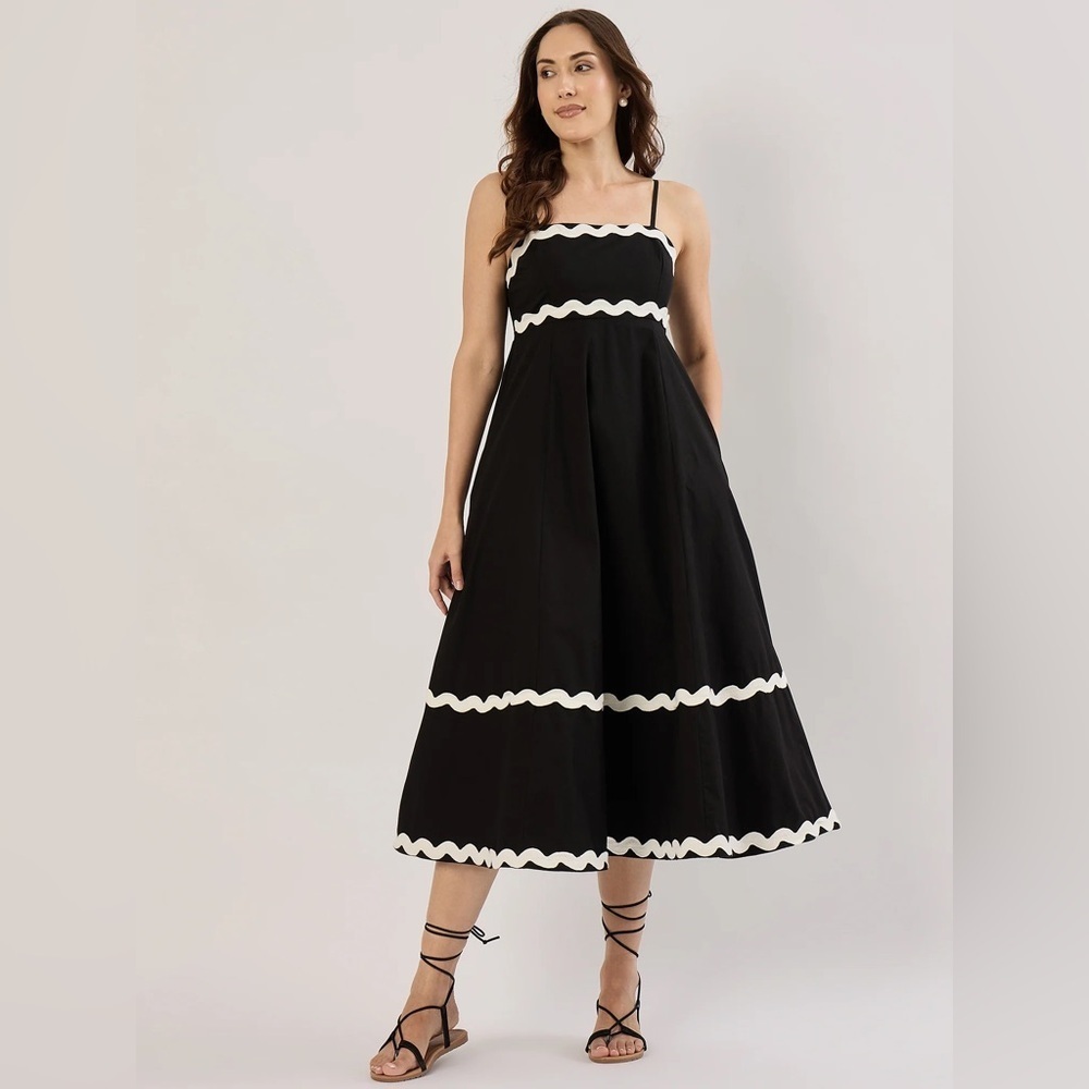 NWT SIM & SAM Black Ric Rac Trim Midi Dress Contrast Trim Sundress Size XSmall